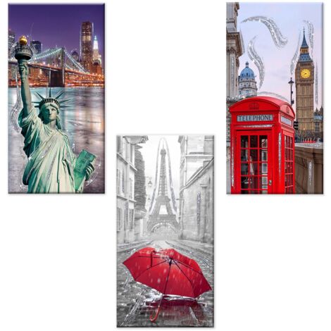 Lupia - Set 3 pezzi Quadri su tela Canvas Day Brillant con glitter NEW CITY 38x75 cm, tema cittÃ  del mondo, per soggiorno, capezzale camera da letto, cucina, ufficio