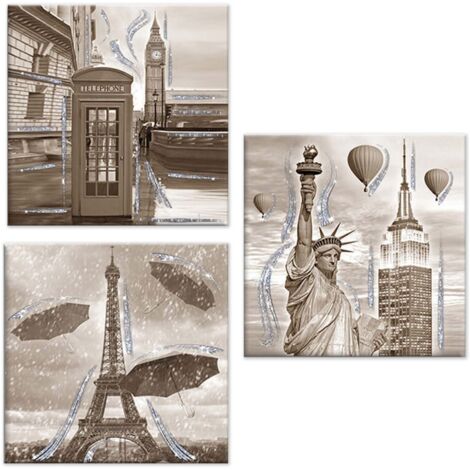 Lupia - Set 3 pezzi Quadri su tela tema citta' Canvas Day Brillant con glitter 38x38 cm CITY SHABBY