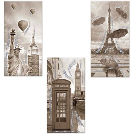 Lupia - Set 3 pezzi Quadri su tela tema citta' Canvas Day Brillant con glitter 38x75 cm CITY SHABBY