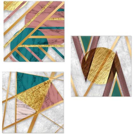 Lupia - Set 3 Quadri su Tela astratto verde, rosa e oro Canvas Day 38x38 cm GEOMETRIES 1, Stampa Vivida, Pronto da Appendere, Decorazione per Soggiorno, Capezzale Testiera Camera da Letto, Cucina, Uff