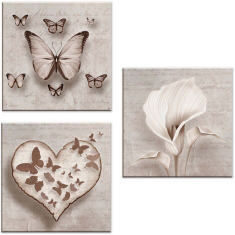 Lupia - Set 3 Quadri su Tela CANVAS DAY 38x38 cm SHABBY, Stampe Vivide Decorazione con farfalle, cuori e fiori, Moderni per Casa, Pronto da Appendere con Telaio in Legno mdf, Multicolore