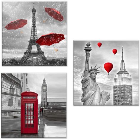 Lupia - Set 3 Quadri su Tela CANVAS DAY CITY RED 38x38 cm citta' in rosso, Stampa Vivida, Pronto da Appendere, Decorazione per Soggiorno, Capezzale Testiera Camera da Letto, Cucina, Ufficio