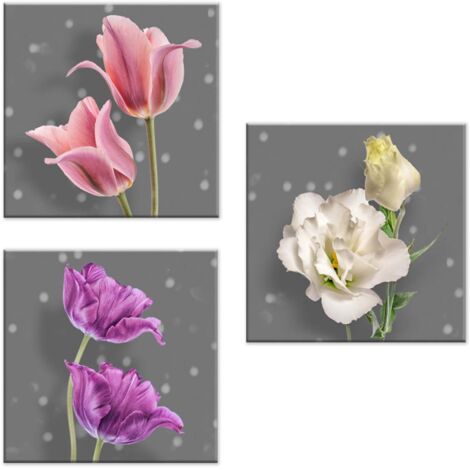 Lupia - Set 3 Quadri su Tela CANVAS DAY FLOWER GREY 38x38 cm floreale, Stampa Vivida, Pronto da Appendere, Decorazione per Soggiorno, Capezzale Testiera Camera da Letto, Cucina, Ufficio
