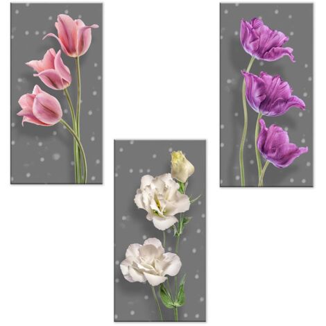 Lupia - Set 3 Quadri su Tela CANVAS DAY FLOWER GREY 38x75 cm floreale, Stampa Vivida, Pronto da Appendere, Decorazione per Soggiorno, Capezzale Testiera Camera da Letto, Cucina, Ufficio