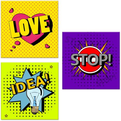 Lupia - Set 3 Quadri su Tela CANVAS DAY POP 38x38 cm popart, Stampa Vivida, Pronto da Appendere, Decorazione per Soggiorno, Capezzale Testiera Camera da Letto, Cucina, Ufficio