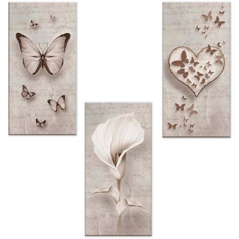 Lupia - Set 3 Quadri su Tela CANVAS DAY SHABBY 38x75 cm cuore, fiore e farfalla tortora, Stampa Vivida, Pronto da Appendere, Decorazione per Soggiorno, Capezzale Testiera Camera da Letto, Cucina, Uffi