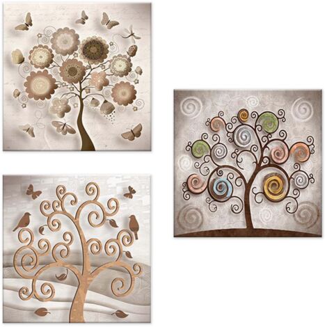 Lupia - Set 3 Quadri su Tela CANVAS DAY TREE 38x38 cm Albero della Vita, Stampa Vivida, Pronto da Appendere, Decorazione per Soggiorno, Capezzale Testiera Camera da Letto, Cucina, Ufficio