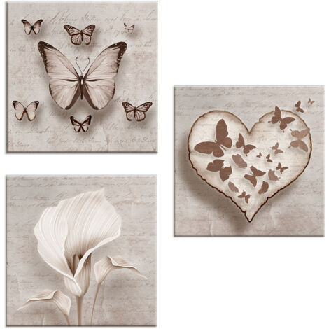 Lupia - Set 3 Quadri su Tela, Cuore Farfalla Fiori Shabby, 57x57 cm, Pronti da Appendere, Telaio in Legno Ecologico, Decorazione Soggiorno Camera Cucina Ufficio, Realizzato in Italia