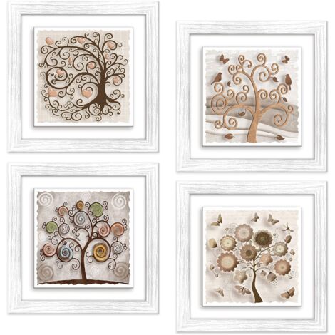 Lupia - Set 4 Quadri Albero della Vita su Ceramica TREE, Cornice Modern Shabby in Legno Bianca, Decorazione Moderna, Vivaci e Profondi, per Camera, Soggiorno, Ufficio, 18x18 cm o 29x29 cm 18x18 cm
