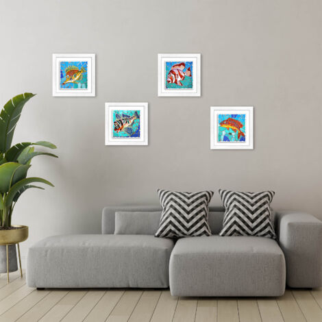 Lupia - Set 4 Quadri moderni stampa su CERAMICA cornice Shabby MODERN White FISHES Vetrate con pesci 18x18 cm