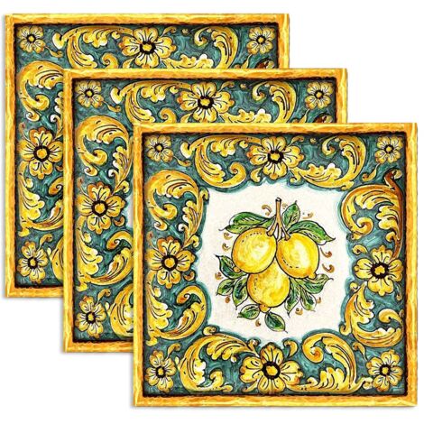 Lupia - Sottotutto decorato in Legno QUADRATO Sotto bicchiere, piatto, pentola LIMONI DI SICILIA 10x10 cm Set 3 pz
