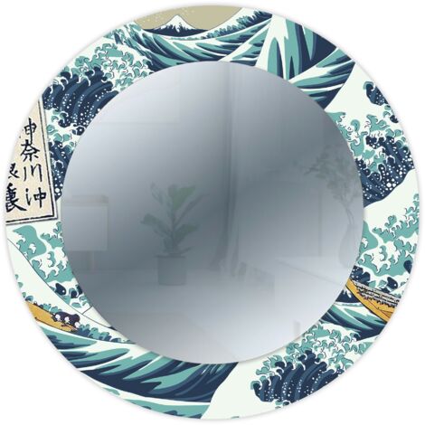 Lupia - Specchio da Parete Rotondo, MIRROR FANTASY THE GREAT WAVE OFF KANAGAWA, Cornice Stampata in Legno, Design Moderno e Decorativo, Ideale per Camera, Soggiorno, Ingresso, diametro 65 cm