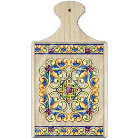 Lupia - Tagliere in Legno Decorativo con Vetro stampato a colori multiuso con manico 16x29 cm MAIOLICA YELLOW