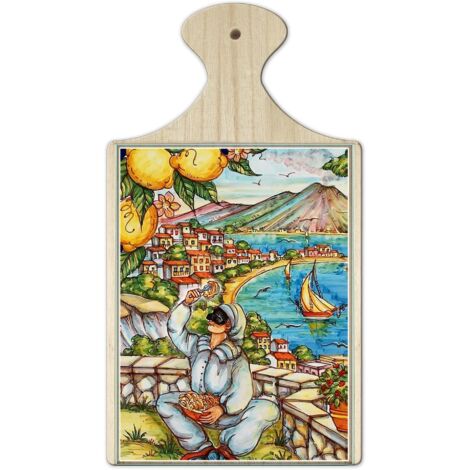 Lupia - Tagliere in Legno Decorativo con Vetro stampato a colori multiuso con manico 16x29 cm PULCINELLA