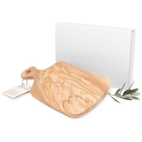 Lupia Tagliere in Legno di Ulivo irregolare con Manico Grande 13,5x29,5 cm, spessore 1,5 cm, Elegante e Versatile per Cucina, Aperitivi, Degustazioni e Bomboniere per Eventi Speciali, scatola Bianca