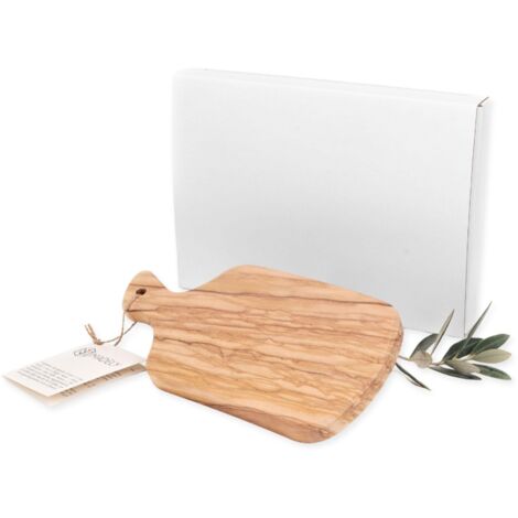 Lupia Tagliere in Legno di Ulivo irregolare con Manico Piccolo 11x21 cm, spessore 1,5 cm, Elegante e Versatile per Cucina, Aperitivi, Degustazioni e Bomboniere per Eventi Speciali, scatola Bianca