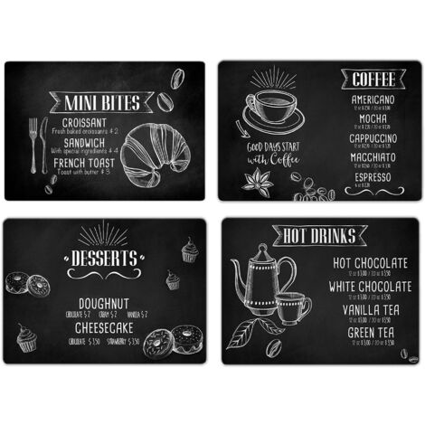 Lupia - Tovagliette americane lavabili, set da 4 pezzi in PVC rettangolari 28,5x43 cm XXL, KITCHEN BLACKBOARD lavagna, colazione pranzo cena, da tavola in cucina bar pizzeria pub birreria ristorante