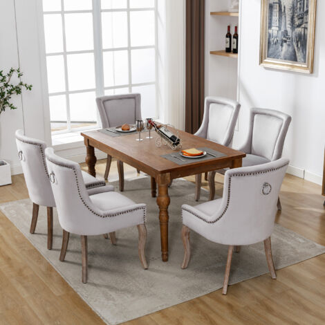Lussuosa sedia da sala da pranzo (sedia da cucina, sedia da soggiorno, 6 pezzi), sedia imbottita con finiture a chiodi, gambe in legno massiccio, rivestimento in velluto, grigio OKWISH