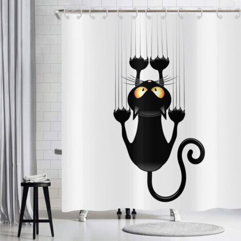 Lustiger Duschvorhang mit Katze (180 x 180 cm), schwarze Katze kratzt an der Wand, Kinderbadevorhang, niedliches Cartoon-Tier, schwarz