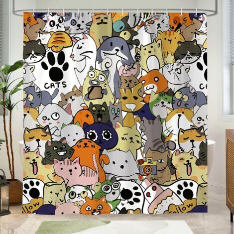 Lustiger Duschvorhang mit Katzenmotiv, schimmelresistent, 180 x 180 cm, Duschvorhang mit Cartoon-Kätzchen, wasserdicht und waschbar, aus Polyestergewebe, Badewannenvorhang mit 12 Haken
