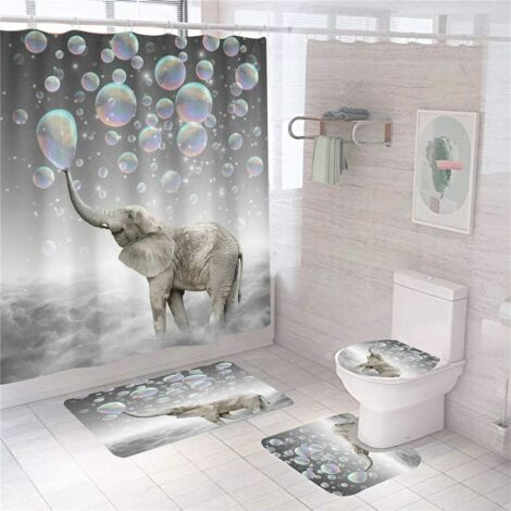 Lustiges Duschvorhangset mit Tiermotiven, bestehend aus einer Badematte, einem Duschvorhang mit Elefantenmuster, einem wasserdichten Duschvorhang aus Polyester und einem WC-Sitzbezug.