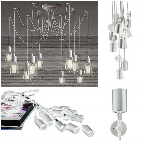 Lustre 12 Pendentifs Lampe Araignée Plafond Blanc Suspension Ajustable Douille E27