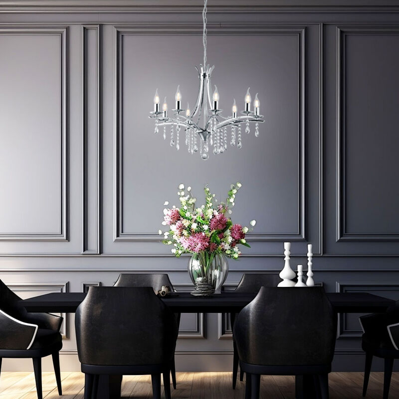 Lustre Cristal Lampe de plafond Lustre Lampe de salle à manger Lampe de salon, métal chromé, 8x E14 douilles, DxH 68,5x150 cm