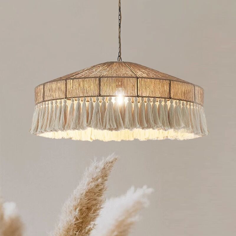 Lustre à pampilles rétro, lustre tissé à la main de style bohème, lustre en rotin, support de lampe 220VE27 lampe à lumière chaude
