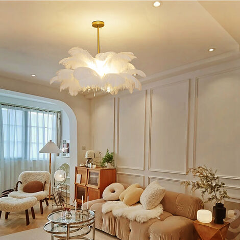 Lustre à plumes blanc LED – Luminaire moderne en laiton – 90 cm pour chambres et salons – Protection oculaire confortable