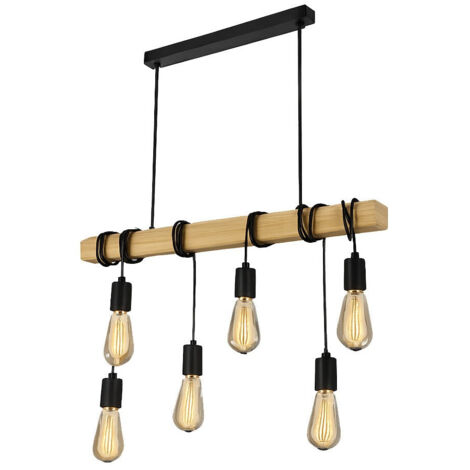 Lustre à Suspension En Bois De Style Industriel 6 Porte-lampe E27 Lampe De Cuisine B47-6
