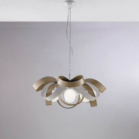 Lustre à suspension en fer gris tourterelle blanche quatre lumières 66x h28 cm