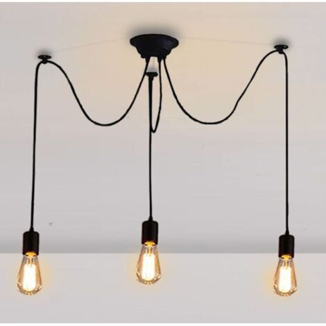 Lustre Araignée E27 Douille Rétro Suspension DIY Luminaire Noir, Ajustable Longueur avec 1,5M Fil, 3 Bras