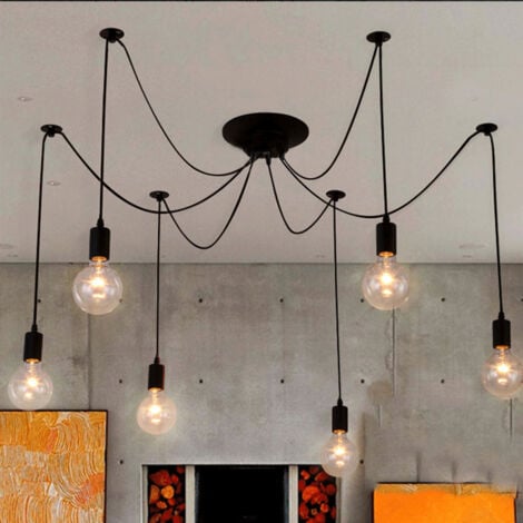 Lustre Araignée E27 Douille Rétro Suspension DIY Luminaire Noir, Ajustable Longueur avec 2M Fil, 6 Bras