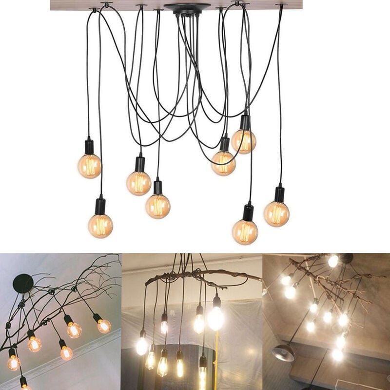 8 Tête Lustre Suspension Vintage Rétro loft Plafonnier Araignee Pendentif Noir