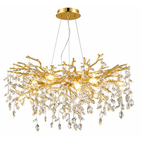 Lustre Artistique en Cristal K9 80 cm, Suspension Dorée Style Branches et Feuilles de Cristal, Luminaire de Luxe à Hauteur Réglable 150 cm, Métal & Cristal, Douille E14 pour Salon, Salle à Manger, Cha