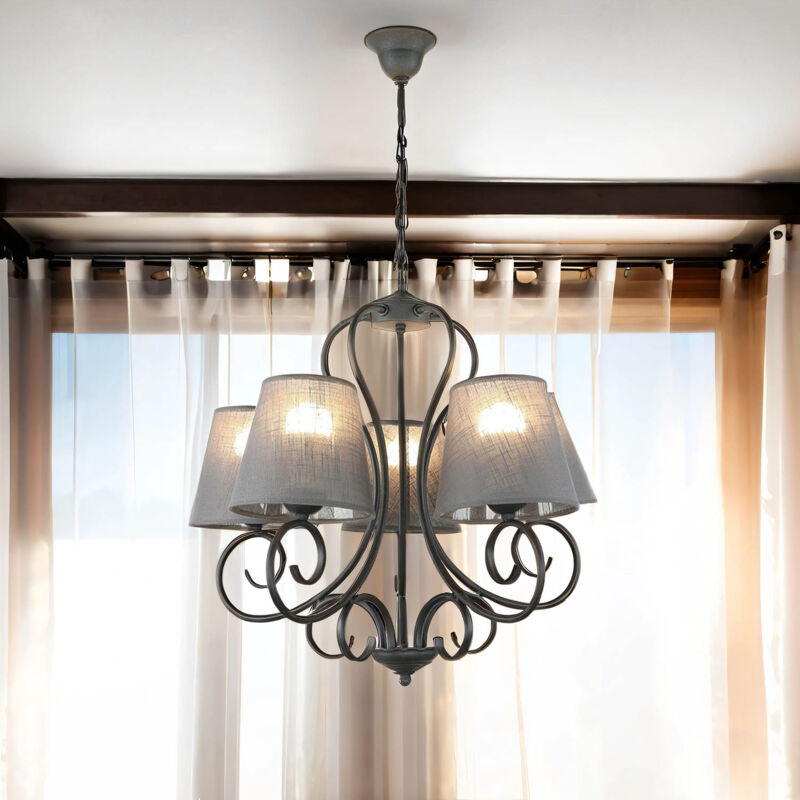 Lustre avec abat-jour style campagnard 5 branches salon