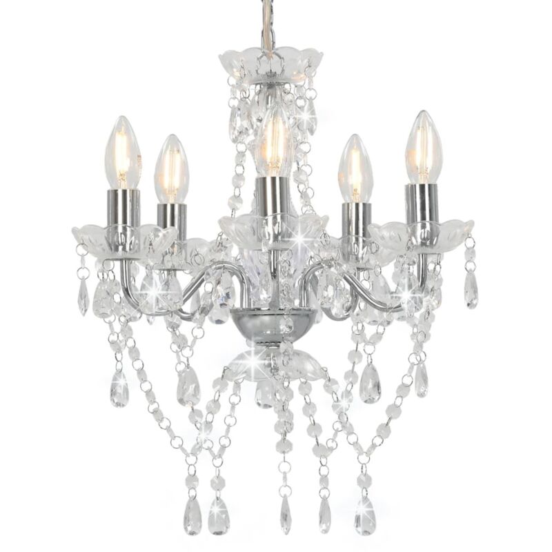 Lustre avec perles de cristal Argenté Rond 5 x E14, Argent, 281601