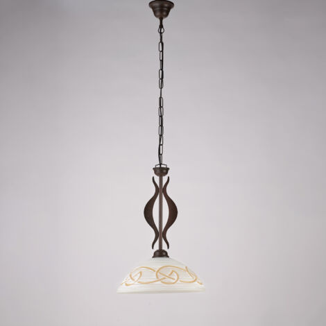 Lustre Bilbao fer noir, déco rouille, diffuseur verre d.30 blanc et ambre, 1 lumière d.30 cm, style rétro