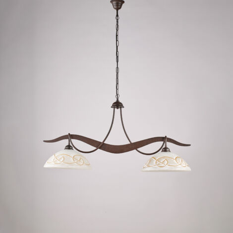Lustre Bilbao fer noir, déco rouille, diffuseurs verre d.30 blanc et ambre, 2 lumières 89x30 cm, design artisanal