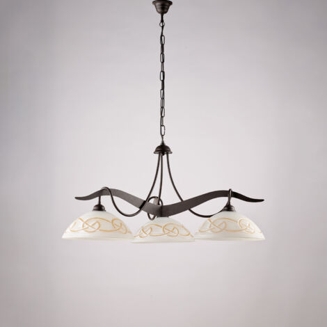 Lustre Bilbao fer noir, déco rouille, diffuseurs verre d.30 blanc et ambre, 3 lumières d.89 cm, style rustique