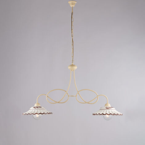 Lustre Bistrot fer ivoire, effet décapé, diffuseurs céramique d.30, blanc/marron, 2 lumières 98x30 cm, déco cosy