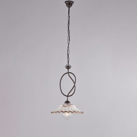 Lustre Bistrot fer noir, décor rouille, diffuseur céramique d.30, 1 lumière, design artisanal blanc/marron