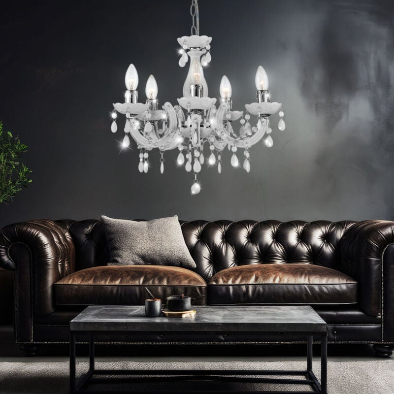 Lustre blanc lampe de salon plafonnier classique 5 flammes, lampe design lustre en cristal acrylique, métal chromé, 5x douille E14, DxH 44x128 cm