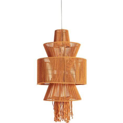 Lustre bohème en coton orange style corail suspendu - Orange corail naturel et rotin clair