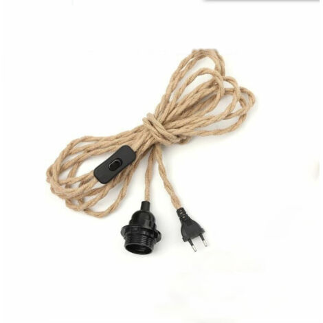 Lustre Corde de Chanvre Câble 3m, Douille E27 Interrupteur avec Fil Cable Ampoule, Pour DIY Lampe Suspension Lumière Pendante Industrielle Lustre Douille Fil Electrique Vintage-1pc