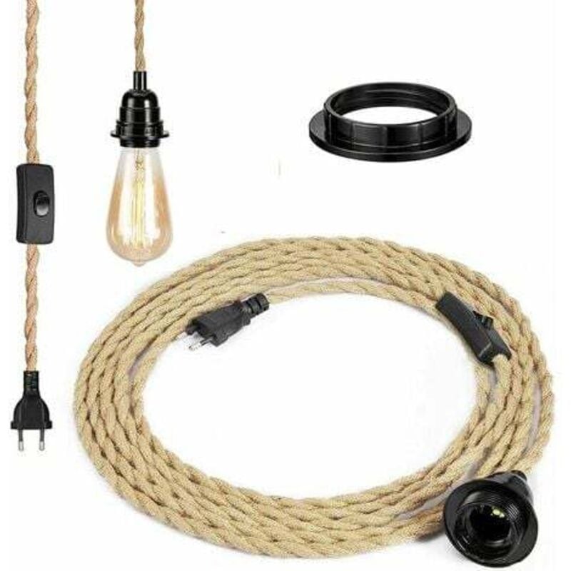 Mowze - Lustre Corde, Rétro Douille E27 avec Fil électrique de 4,6 mètres et Interrupteur, Pour Lampe Suspension Corde(ampoule n'est pas