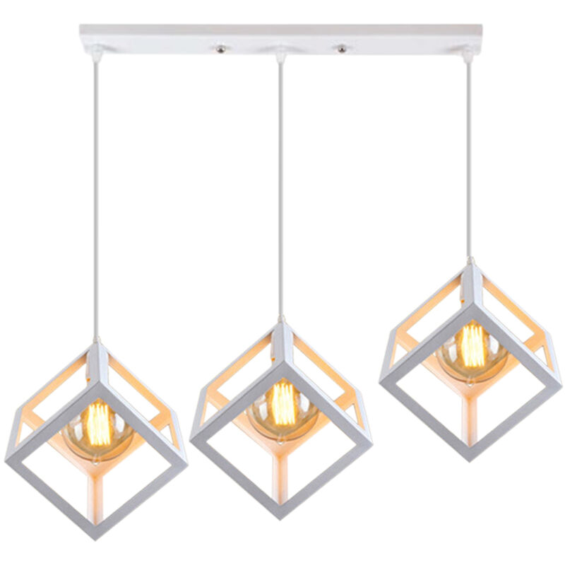 Lustre Creative Cube Blanc 3 Lumières Suspension Luminaire Rétro En Métal, Pour Bureau, Café, Chambre à Coucher, Cuisine, Salon, Cuisine, Bar, E27