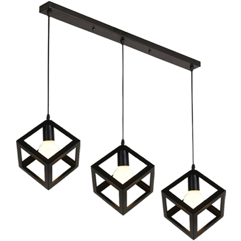 Lustre Creative Cube Noire 3 Lumières Suspension Luminaire Rétro En Métal, Pour Bureau, Café, Chambre à Coucher, Cuisine, Salon, Cuisine, Bar, E27