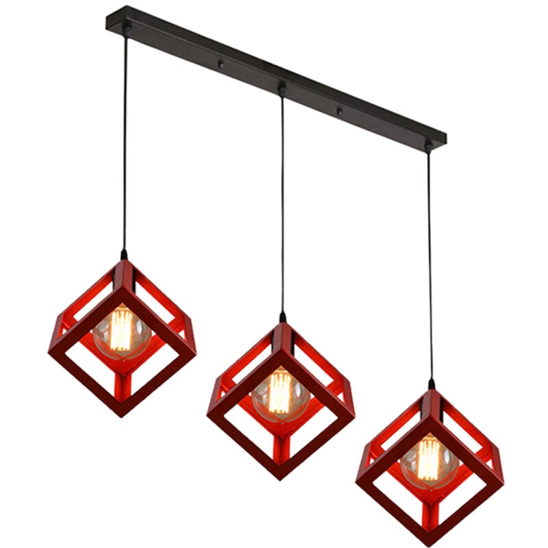 Norcks - Lustre Creative Cube Rouge Plafonnier Antique à 3 Lumières Suspension Luminaire Rétro En Métal, Pour Bureau, Chambre à Coucher, Cuisine,