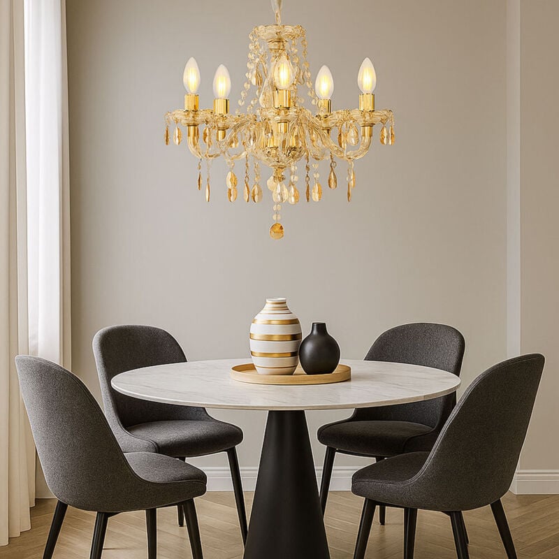 Lustre cristal doré Lustre Lampe à suspendre Lustre Salle à manger Salon, 5 flammes, 5x E14 douilles, DxH 48x150 cm